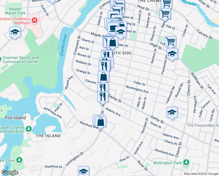 map of restaurants, bars, coffee shops, grocery stores, and more near 16 Washington Avenue in Waltham