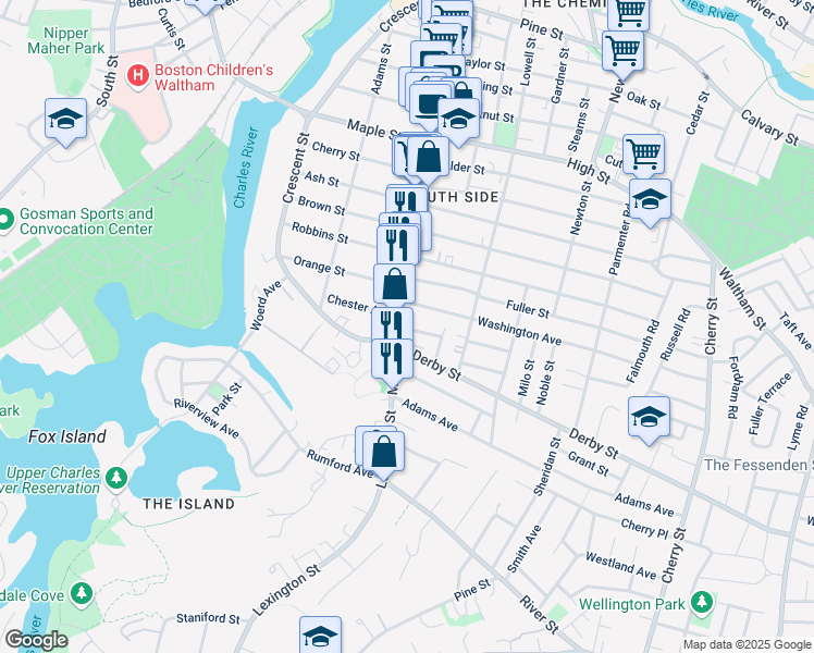map of restaurants, bars, coffee shops, grocery stores, and more near 16 Washington Avenue in Waltham
