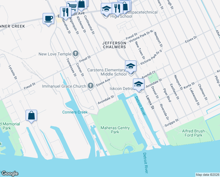 map of restaurants, bars, coffee shops, grocery stores, and more near 497 Kitchener Street in Detroit