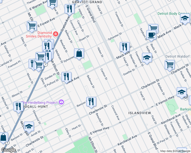 map of restaurants, bars, coffee shops, grocery stores, and more near 6804 Mack Avenue in Detroit