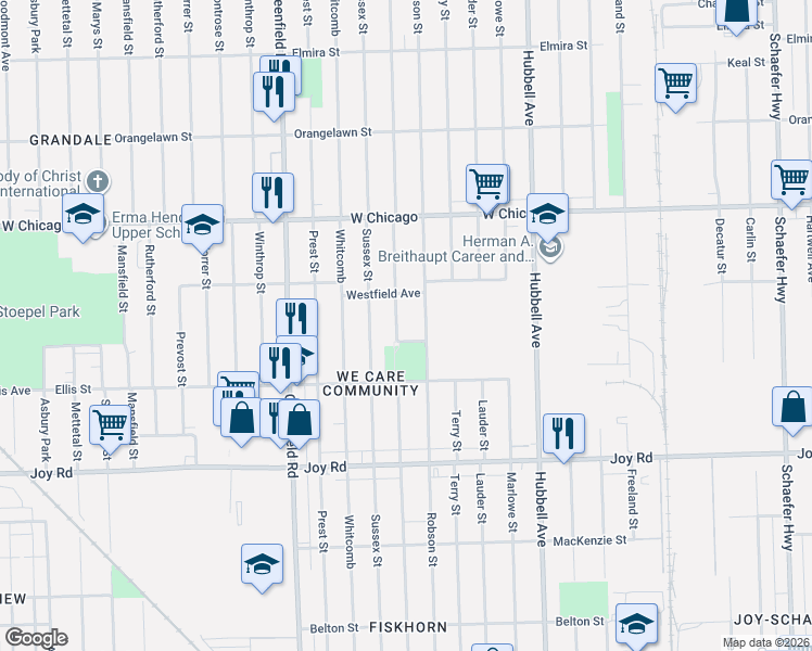 map of restaurants, bars, coffee shops, grocery stores, and more near 9263 Coyle Avenue in Detroit