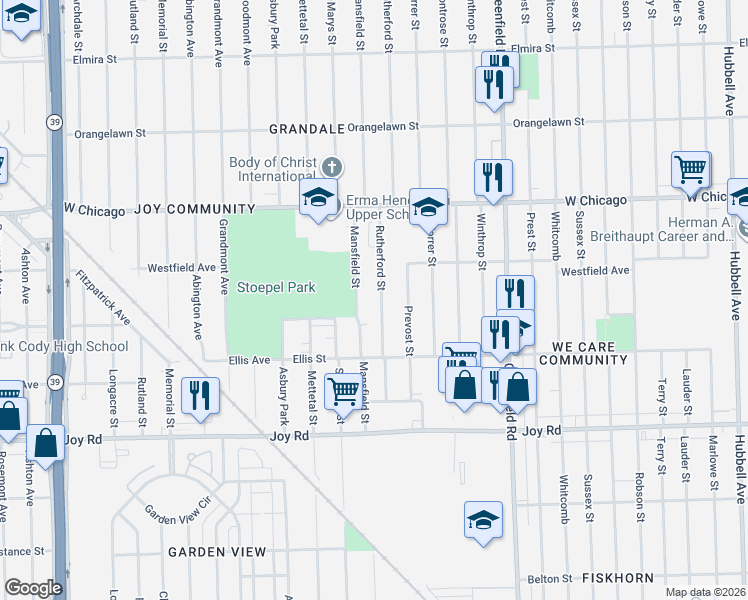 map of restaurants, bars, coffee shops, grocery stores, and more near 9226 Mansfield Street in Detroit