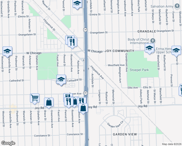 map of restaurants, bars, coffee shops, grocery stores, and more near 9267 Archdale Street in Detroit