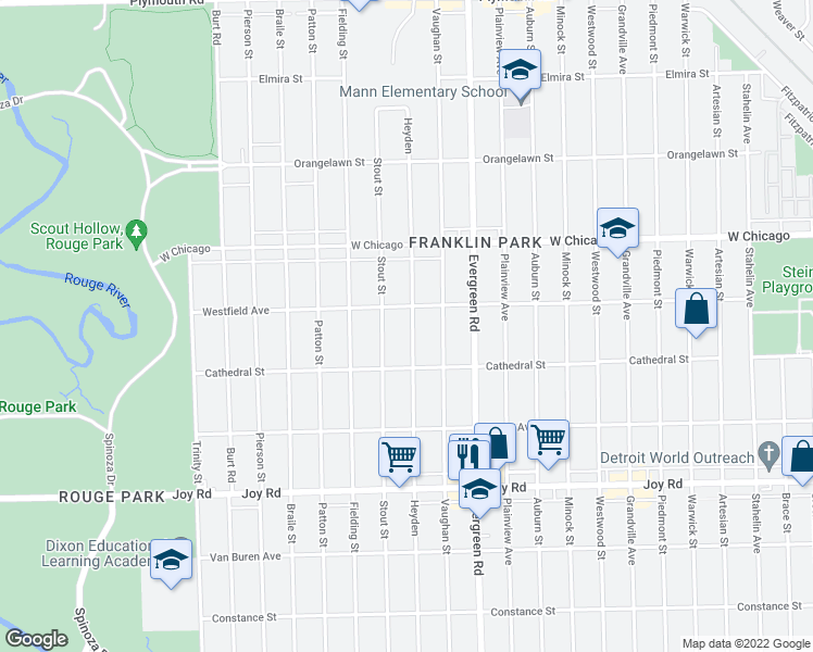 map of restaurants, bars, coffee shops, grocery stores, and more near 9300 Heyden in Detroit