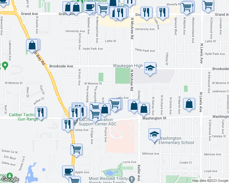 map of restaurants, bars, coffee shops, grocery stores, and more near 205 Washington Terrace in Waukegan