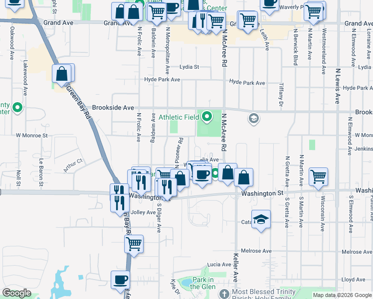 map of restaurants, bars, coffee shops, grocery stores, and more near 205 Washington Terrace in Waukegan
