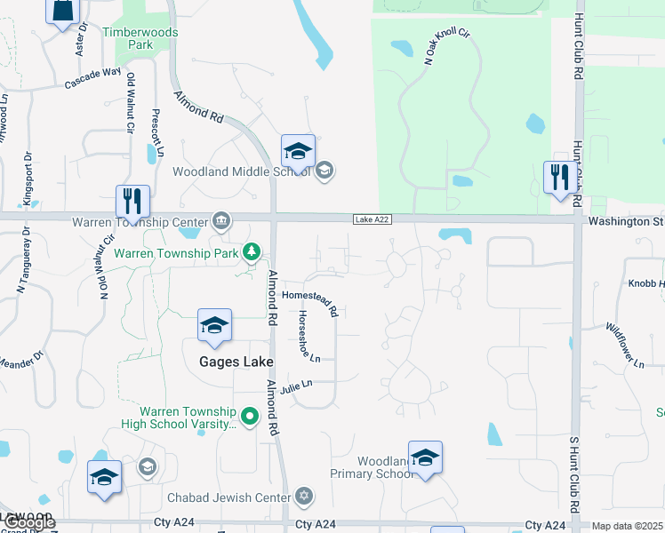 map of restaurants, bars, coffee shops, grocery stores, and more near 34444 Bridle Lane in Gurnee