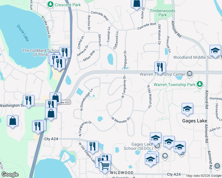 map of restaurants, bars, coffee shops, grocery stores, and more near 18458 Springwood Drive in Gages Lake