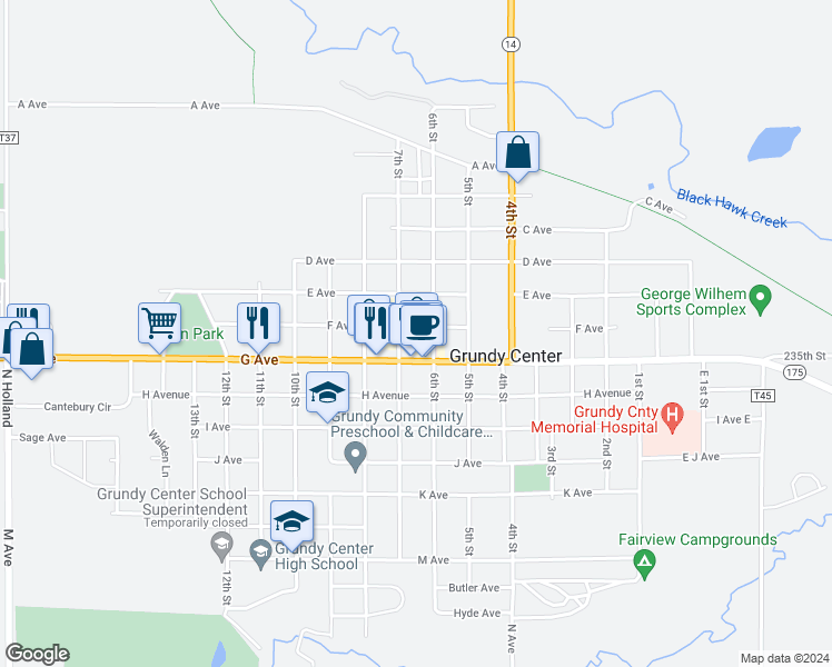 map of restaurants, bars, coffee shops, grocery stores, and more near 600-698 E Avenue in Grundy Center