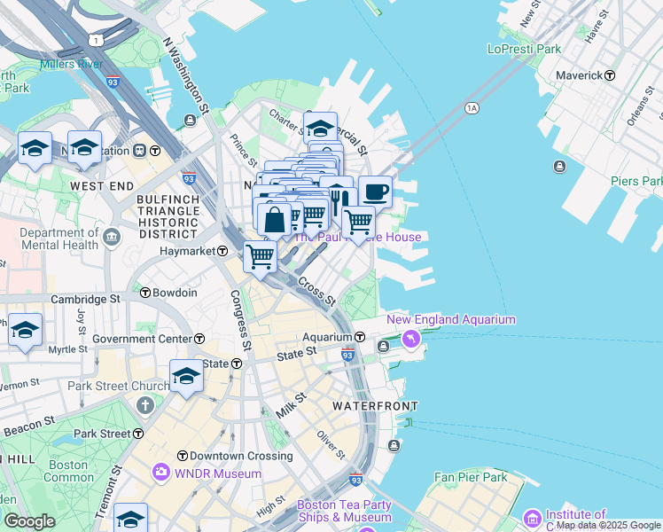 map of restaurants, bars, coffee shops, grocery stores, and more near 75 Richmond Street in Boston