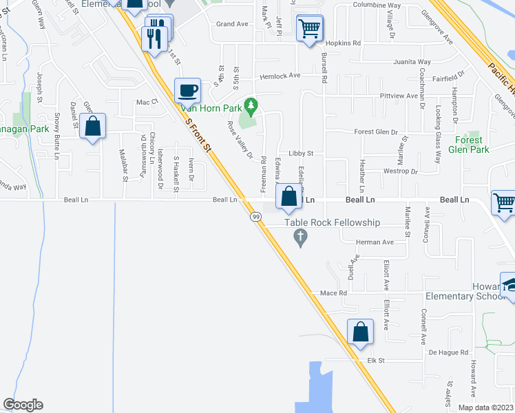 map of restaurants, bars, coffee shops, grocery stores, and more near 3838 N Pacific Hwy in Central Point