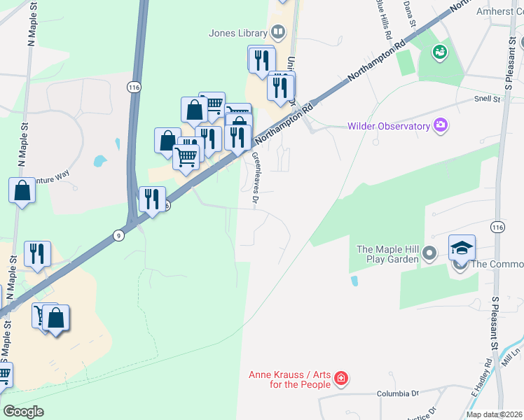 map of restaurants, bars, coffee shops, grocery stores, and more near Greenleaves Drive in Amherst