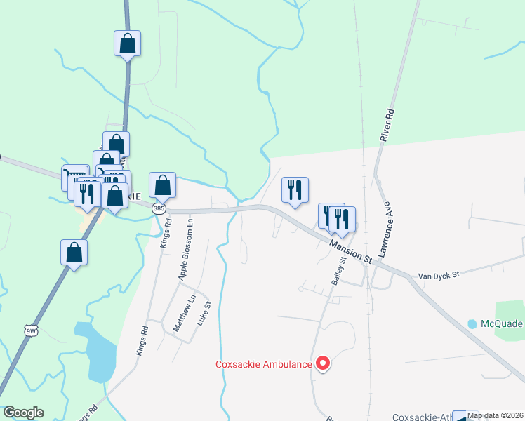 map of restaurants, bars, coffee shops, grocery stores, and more near 292 Mansion Street in Coxsackie