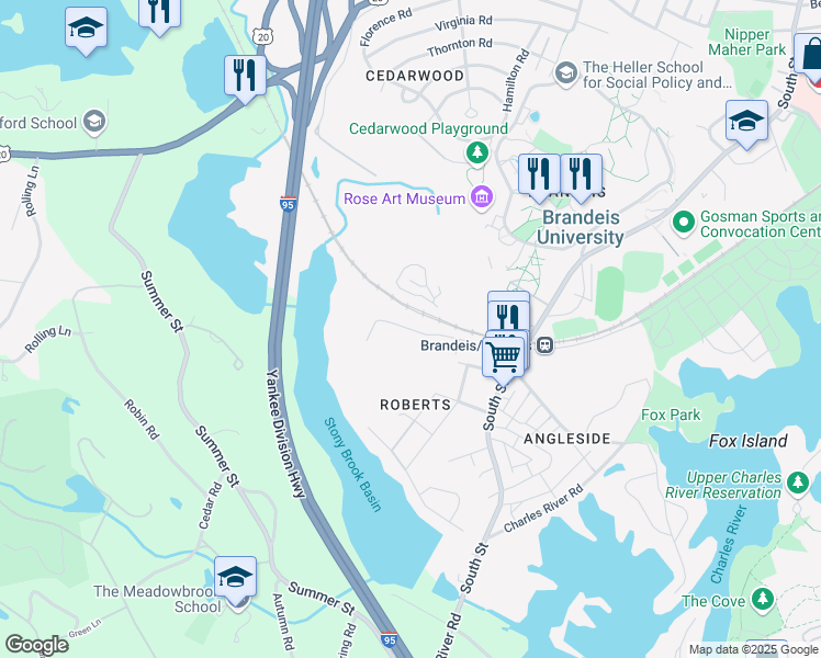 map of restaurants, bars, coffee shops, grocery stores, and more near 130 Turner Street in Waltham