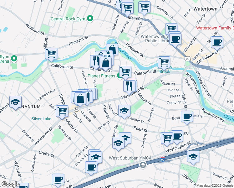 map of restaurants, bars, coffee shops, grocery stores, and more near 25 Lyons Court in Watertown