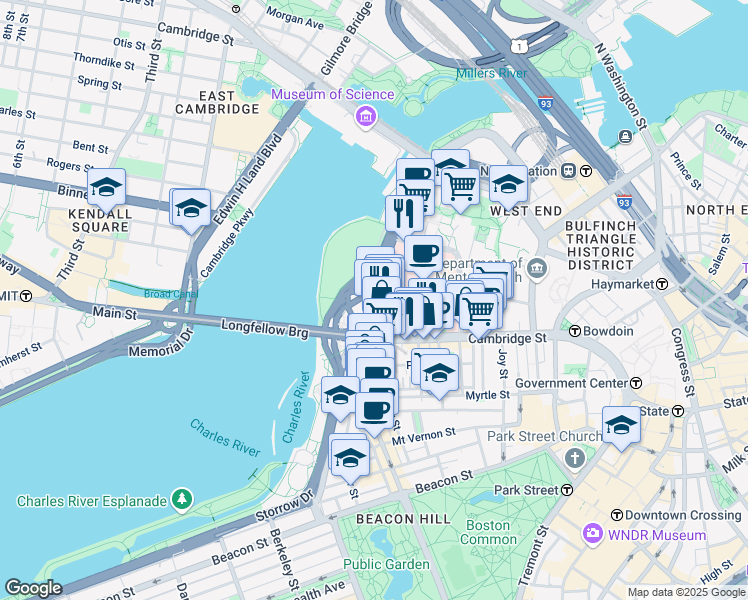 map of restaurants, bars, coffee shops, grocery stores, and more near 234 Charles Street in Boston