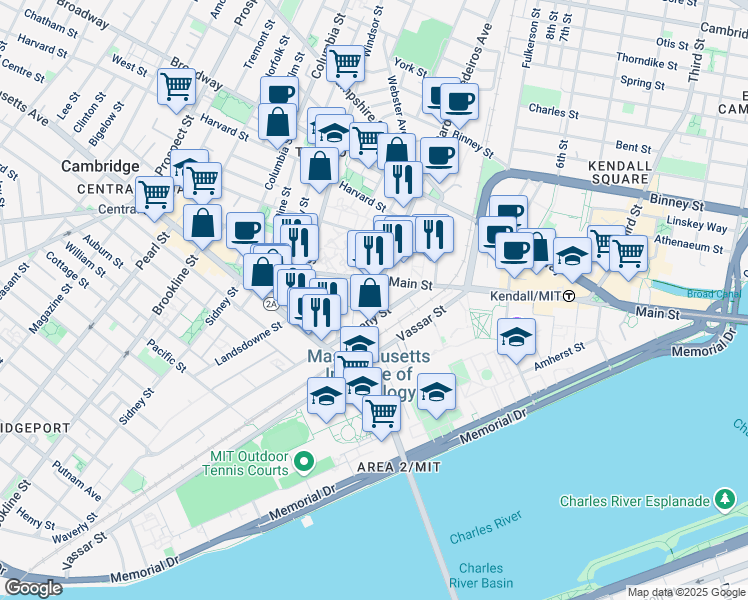 map of restaurants, bars, coffee shops, grocery stores, and more near 610 Main Street in Cambridge