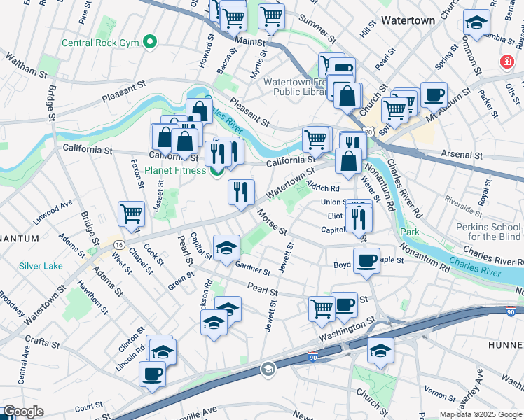 map of restaurants, bars, coffee shops, grocery stores, and more near 141 Morse Street in Watertown