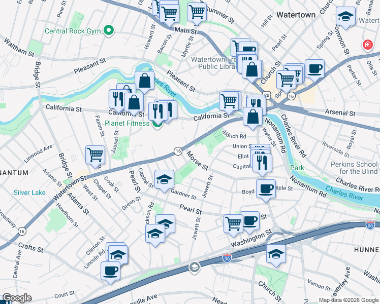 map of restaurants, bars, coffee shops, grocery stores, and more near 141 Morse Street in Watertown