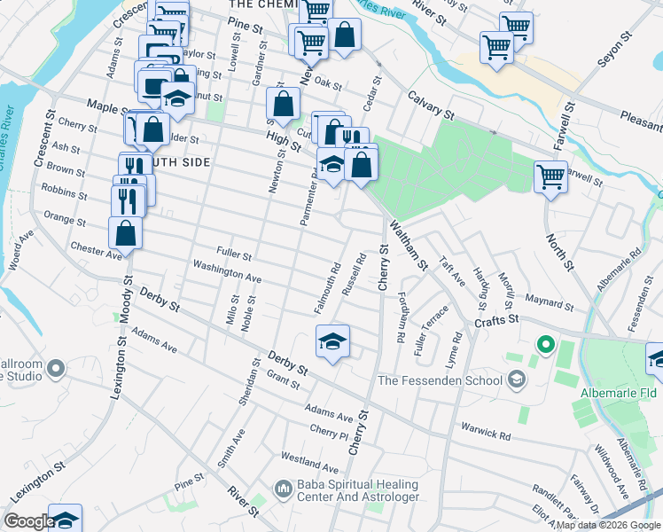 map of restaurants, bars, coffee shops, grocery stores, and more near 39 Berkshire Road in Waltham