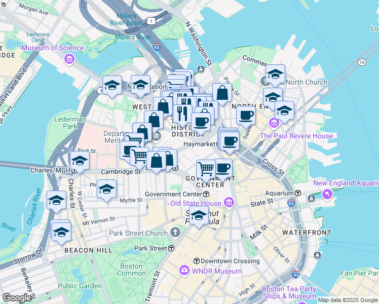 map of restaurants, bars, coffee shops, grocery stores, and more near 41 New Chardon Street in Boston