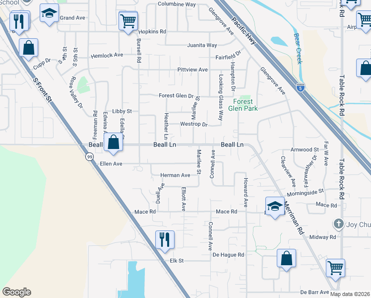 map of restaurants, bars, coffee shops, grocery stores, and more near 1315 Magruder Court in Central Point