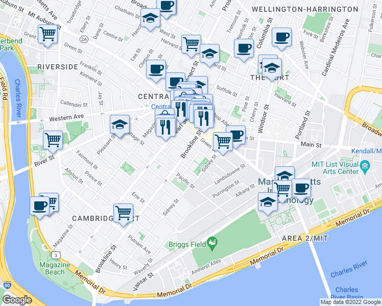 map of restaurants, bars, coffee shops, grocery stores, and more near 172 Franklin Street in Cambridge