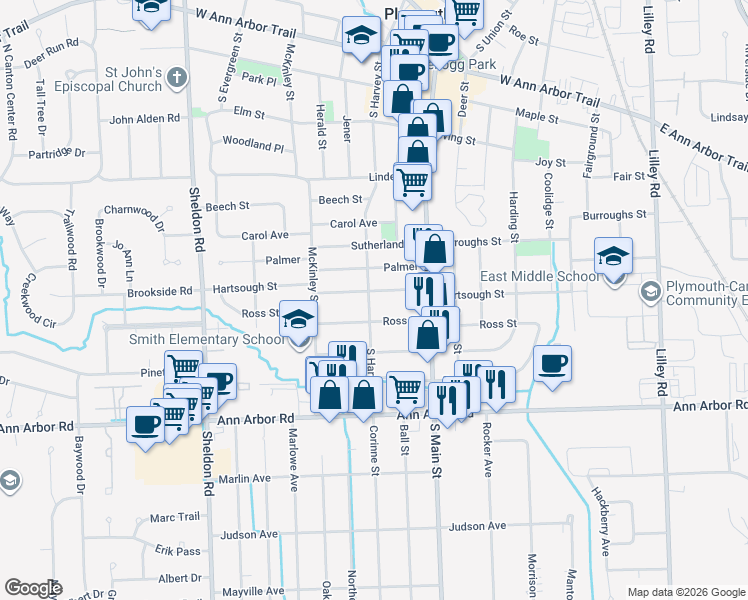 map of restaurants, bars, coffee shops, grocery stores, and more near 1113 South Harvey Street in Plymouth