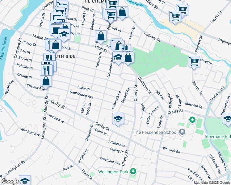 map of restaurants, bars, coffee shops, grocery stores, and more near 39 Berkshire Road in Waltham