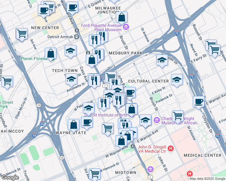 map of restaurants, bars, coffee shops, grocery stores, and more near 63 East Palmer Avenue in Detroit