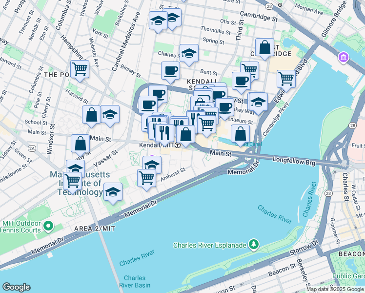 map of restaurants, bars, coffee shops, grocery stores, and more near Main Street in Cambridge