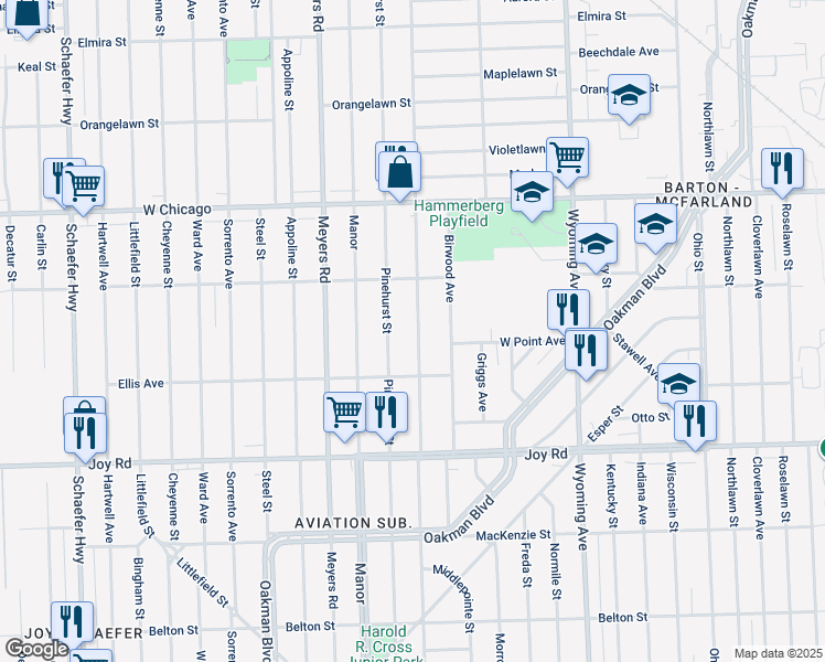 map of restaurants, bars, coffee shops, grocery stores, and more near 9235 Mendota Street in Detroit
