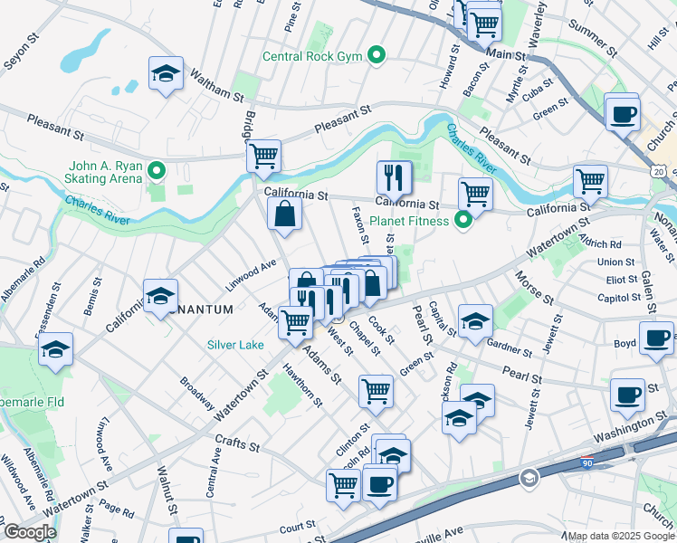 map of restaurants, bars, coffee shops, grocery stores, and more near 86 Chapel Street in Newton