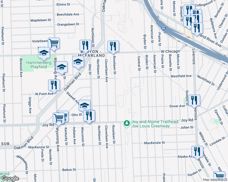 map of restaurants, bars, coffee shops, grocery stores, and more near 9107 Roselawn Street in Detroit