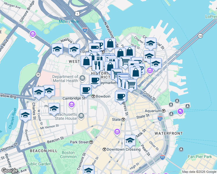 map of restaurants, bars, coffee shops, grocery stores, and more near 1 Congress Street in Boston
