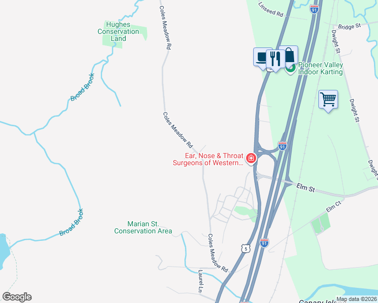 map of restaurants, bars, coffee shops, grocery stores, and more near 255 Coles Meadow Road in Northampton