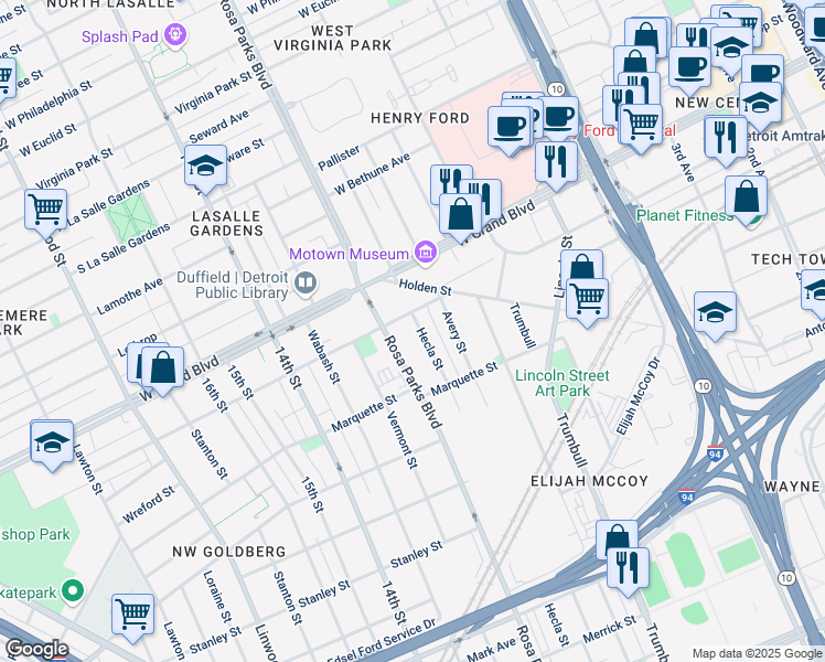 map of restaurants, bars, coffee shops, grocery stores, and more near 1820 Ferry Park Street in Detroit