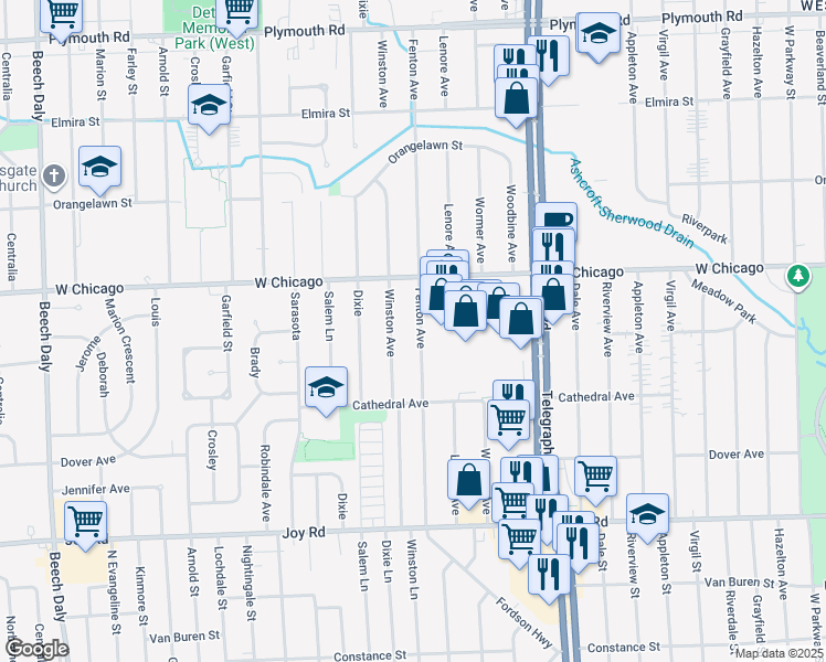 map of restaurants, bars, coffee shops, grocery stores, and more near 9311 Fenton Avenue in Redford Charter Township