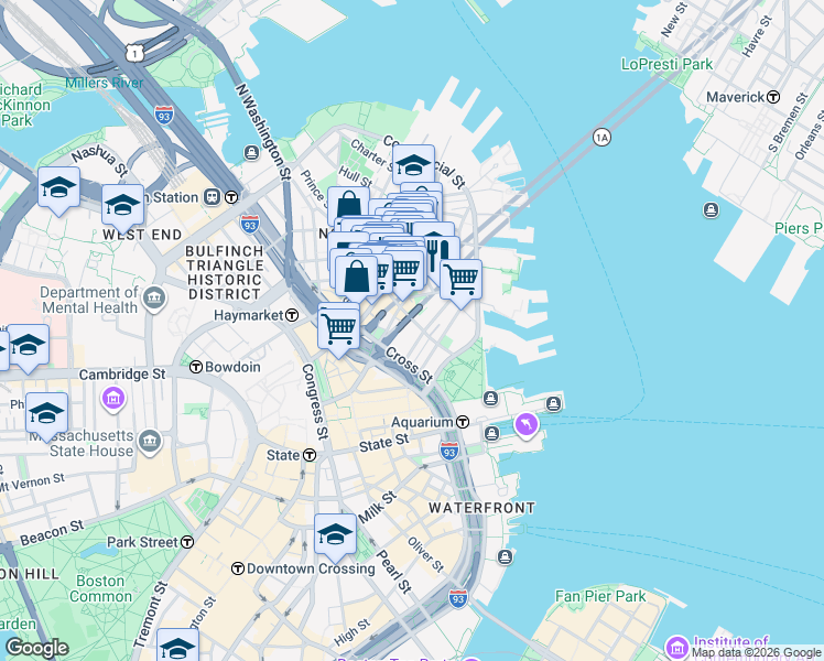 map of restaurants, bars, coffee shops, grocery stores, and more near 105 Richmond Street in Boston