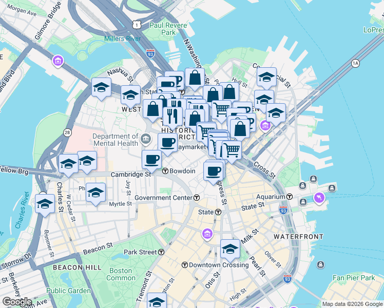 map of restaurants, bars, coffee shops, grocery stores, and more near 1 Congress Street in Boston