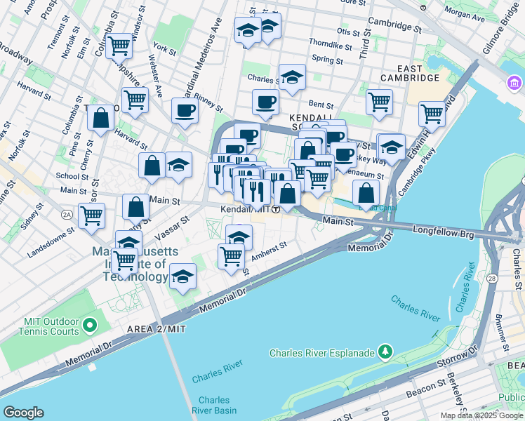map of restaurants, bars, coffee shops, grocery stores, and more near 80 Broadway in Cambridge
