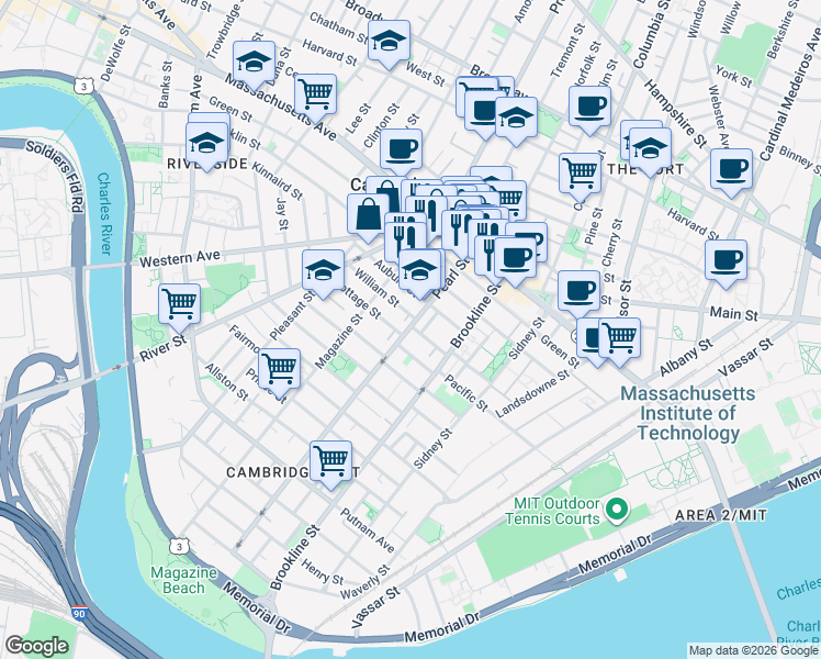 map of restaurants, bars, coffee shops, grocery stores, and more near 71 Pearl Street in Cambridge