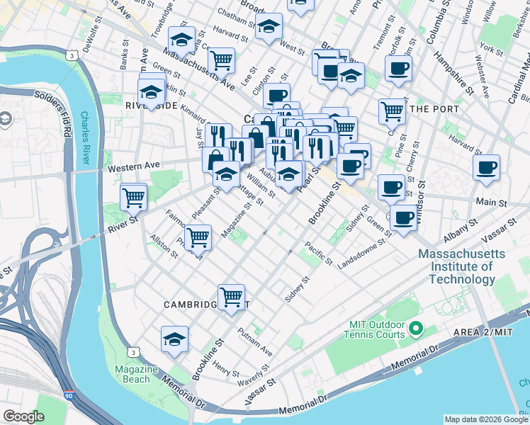 map of restaurants, bars, coffee shops, grocery stores, and more near 21 Cottage Street in Cambridge
