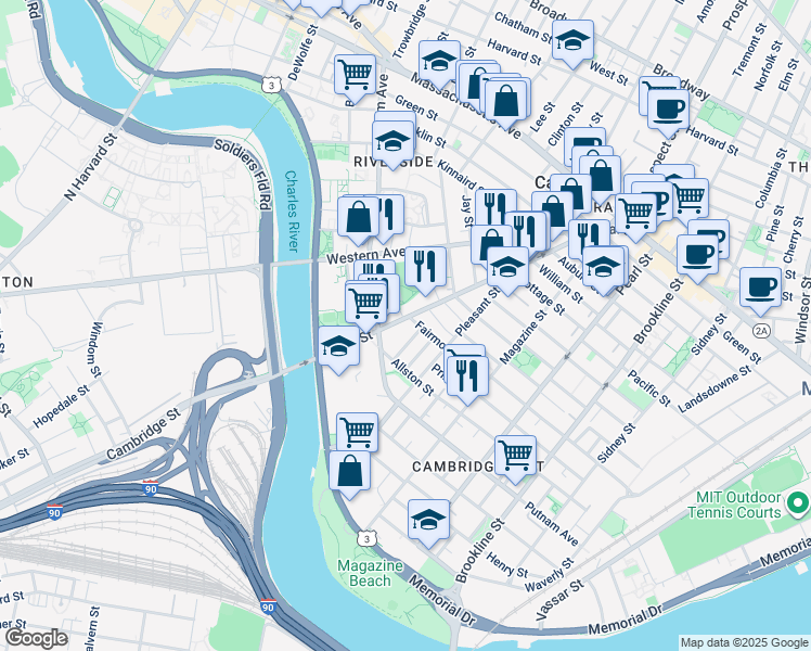 map of restaurants, bars, coffee shops, grocery stores, and more near 241 River Street in Cambridge