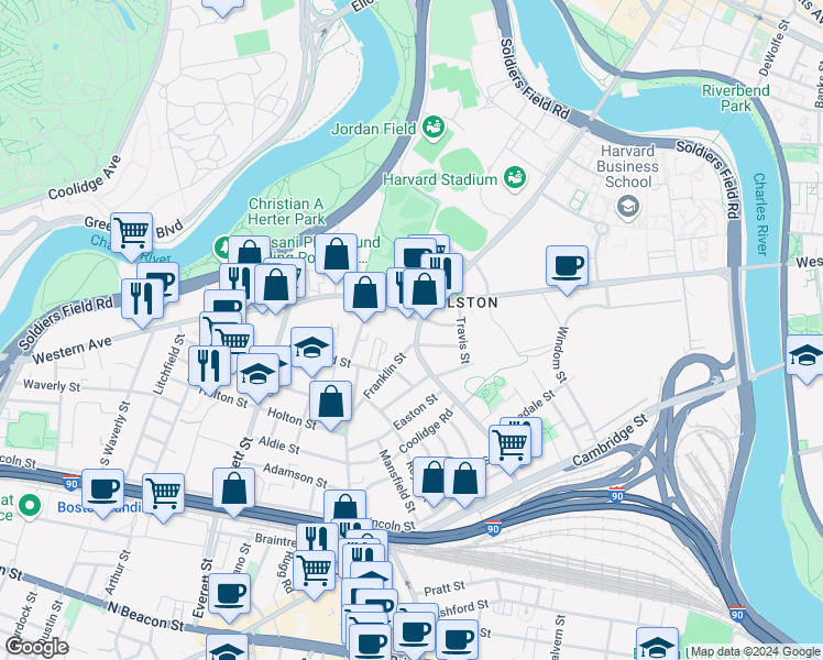 map of restaurants, bars, coffee shops, grocery stores, and more near in Boston
