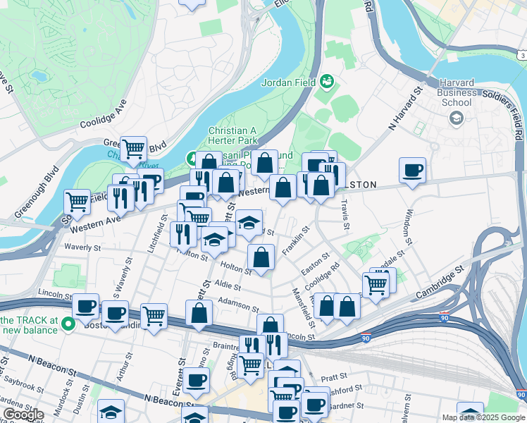 map of restaurants, bars, coffee shops, grocery stores, and more near 254R Western Avenue in Boston