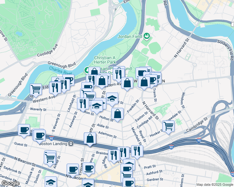 map of restaurants, bars, coffee shops, grocery stores, and more near 287 Western Avenue in Boston