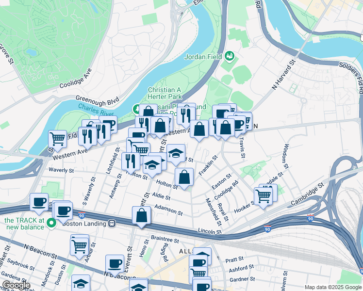 map of restaurants, bars, coffee shops, grocery stores, and more near 287 Western Avenue in Boston