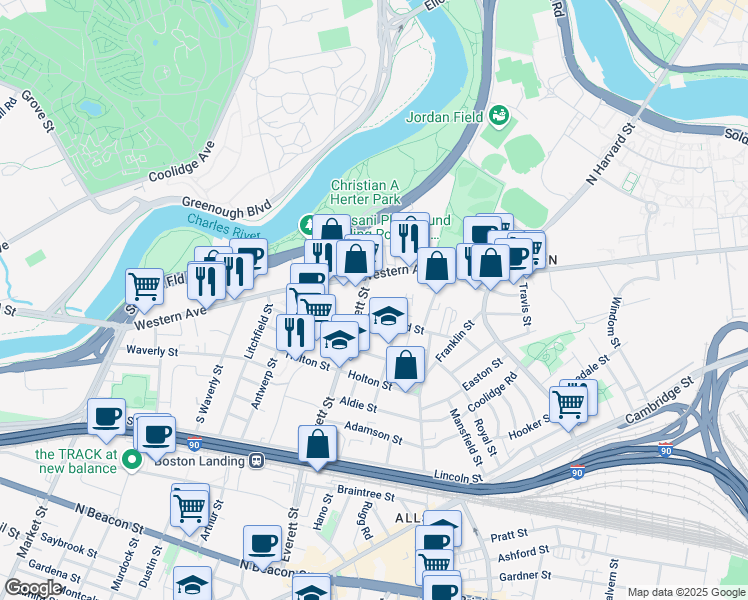 map of restaurants, bars, coffee shops, grocery stores, and more near 287 Western Avenue in Boston