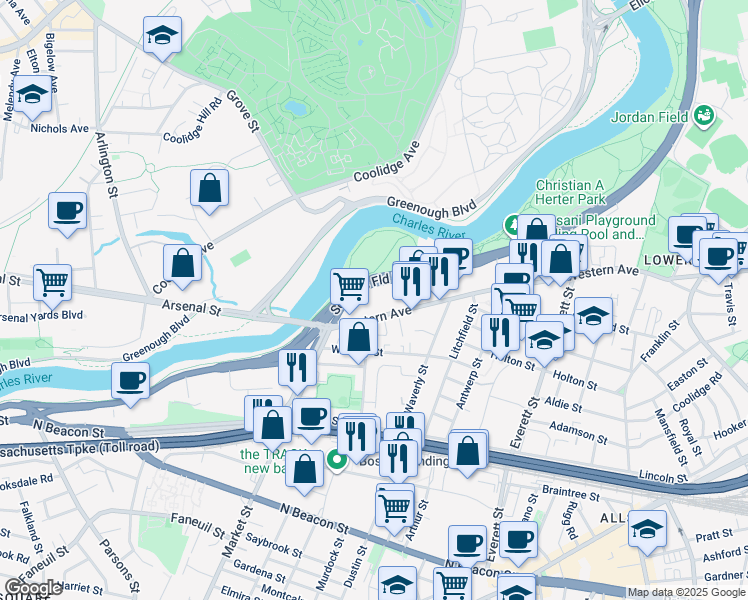 map of restaurants, bars, coffee shops, grocery stores, and more near 1380 Soldiers Field Road in Boston